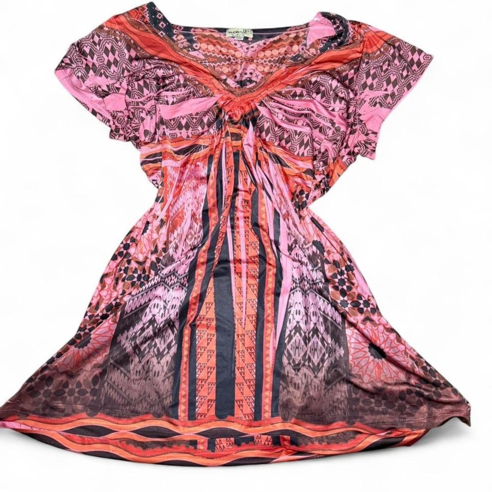 One World Tunic Top Pink Large Boho Geometric Print Casual Summer Festival
